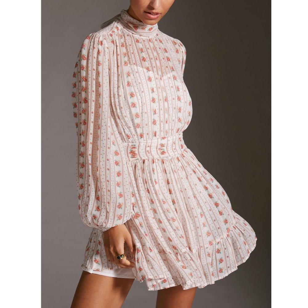 Anthropologie Let Me Be Mock Neck Sheer Mini Dress Pink Floral Combo - Medium